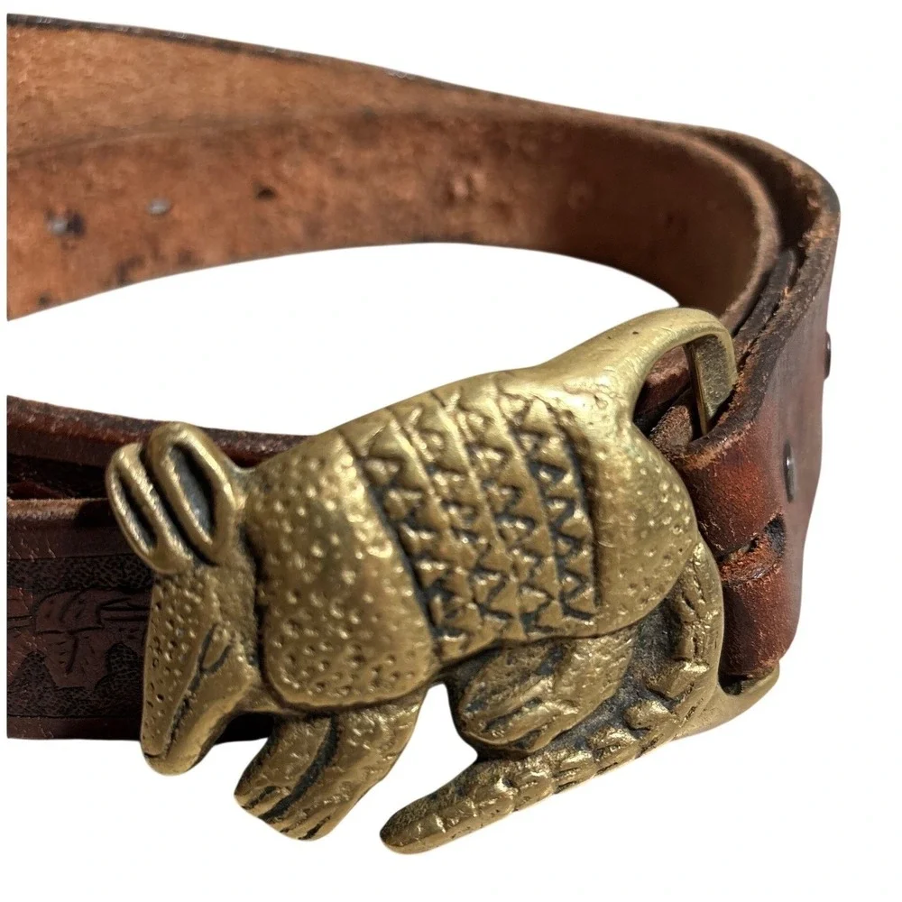 Vintage Leather Armadillo Buckle Belt Embossed Floral Western Boho 45 Inch Brass